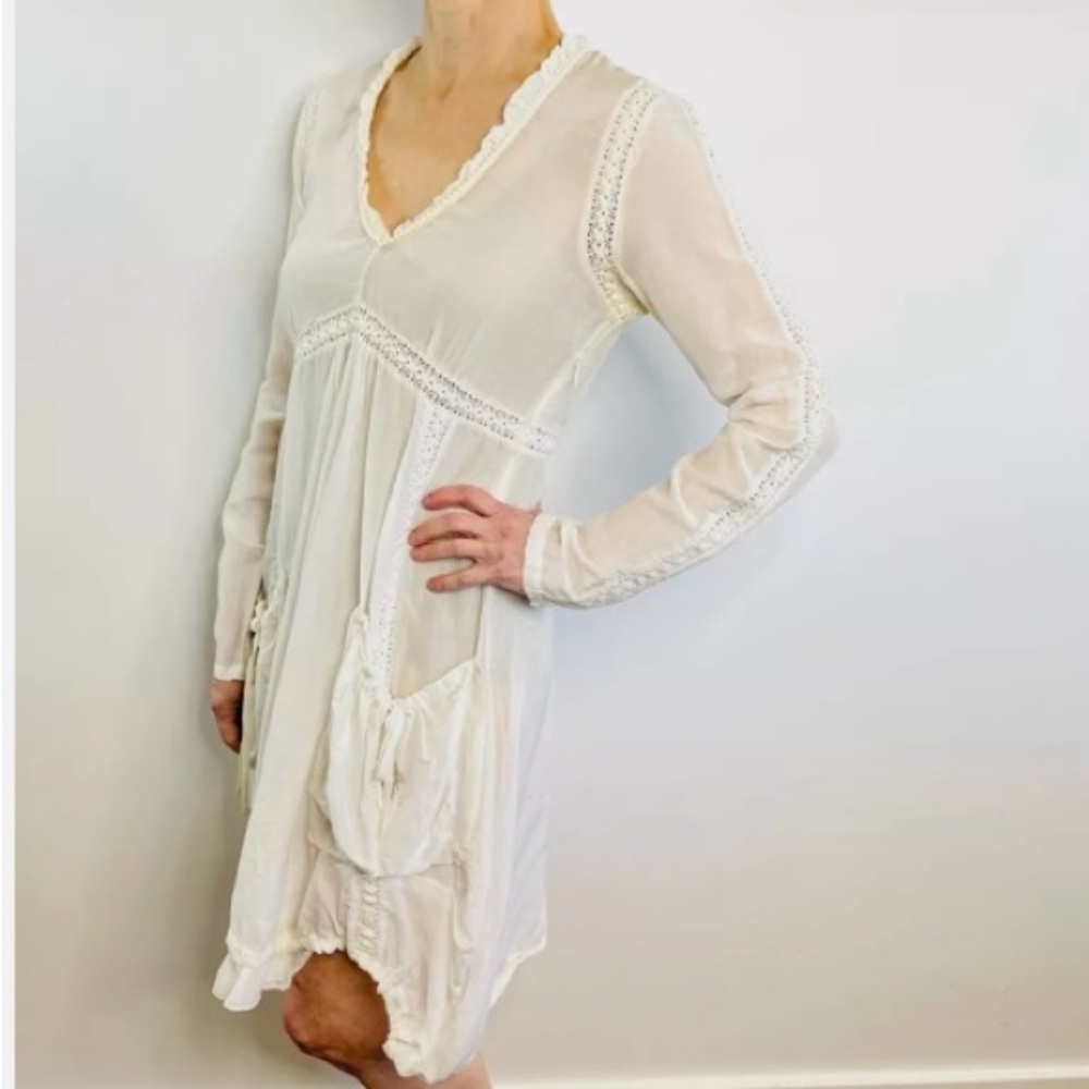 Sheer Boho Dress with Lace Trim. Creamy White. Size 12/14